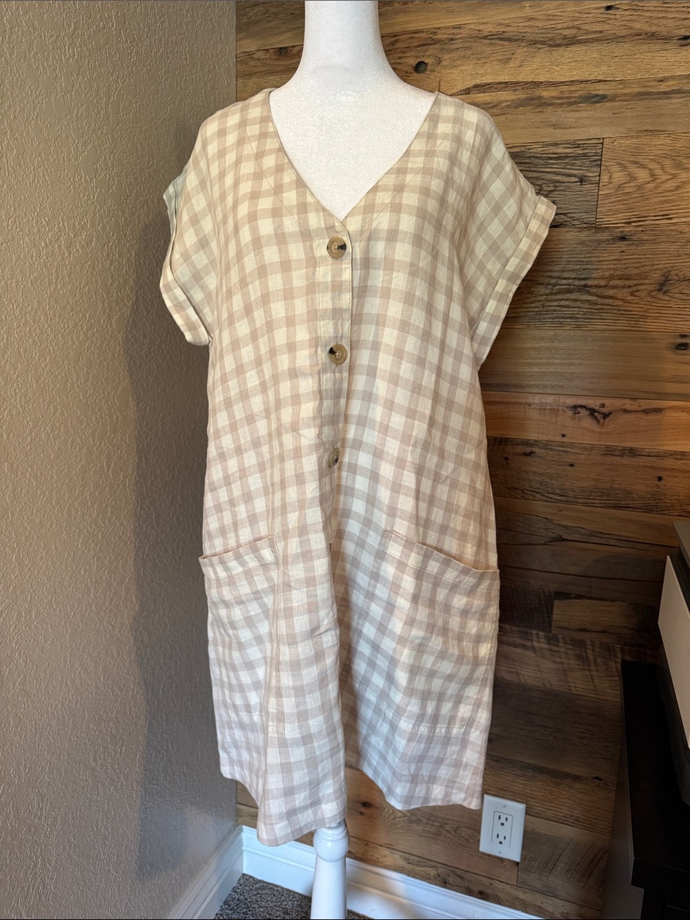 Lou Grey Light Beige Gingham Button-Front Women’s Dress